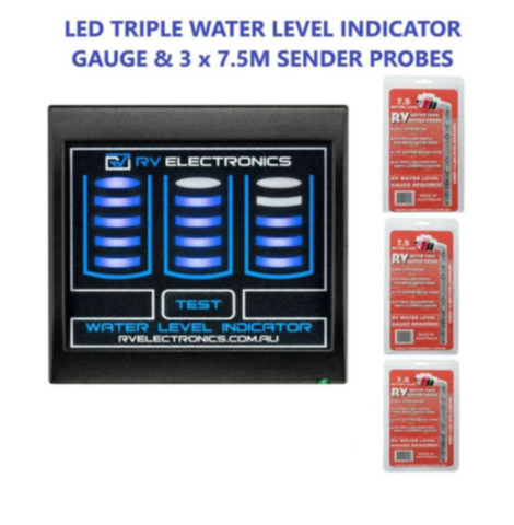 LED Gauge Triple Tank Water Level Indicator with 3*7.5m Senders Kit - 03 probes