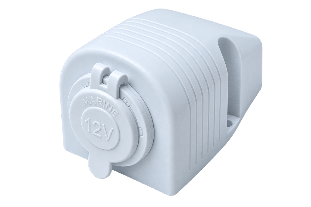 White 12V marine power socket with protective cap