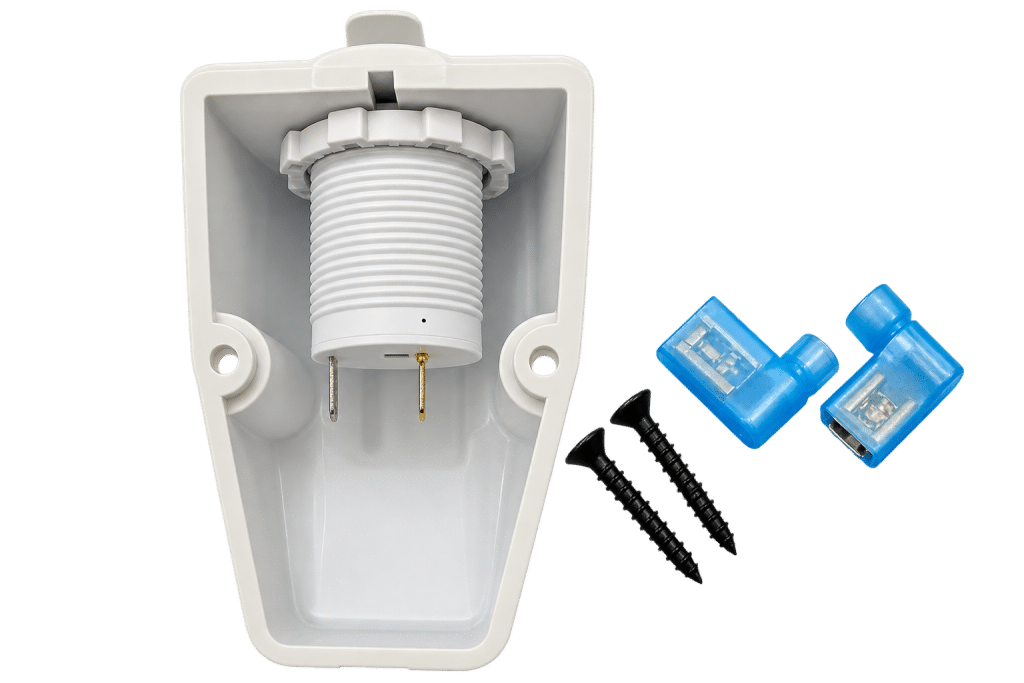Rear view of white 12V marine power socket with mounting screws and connectors