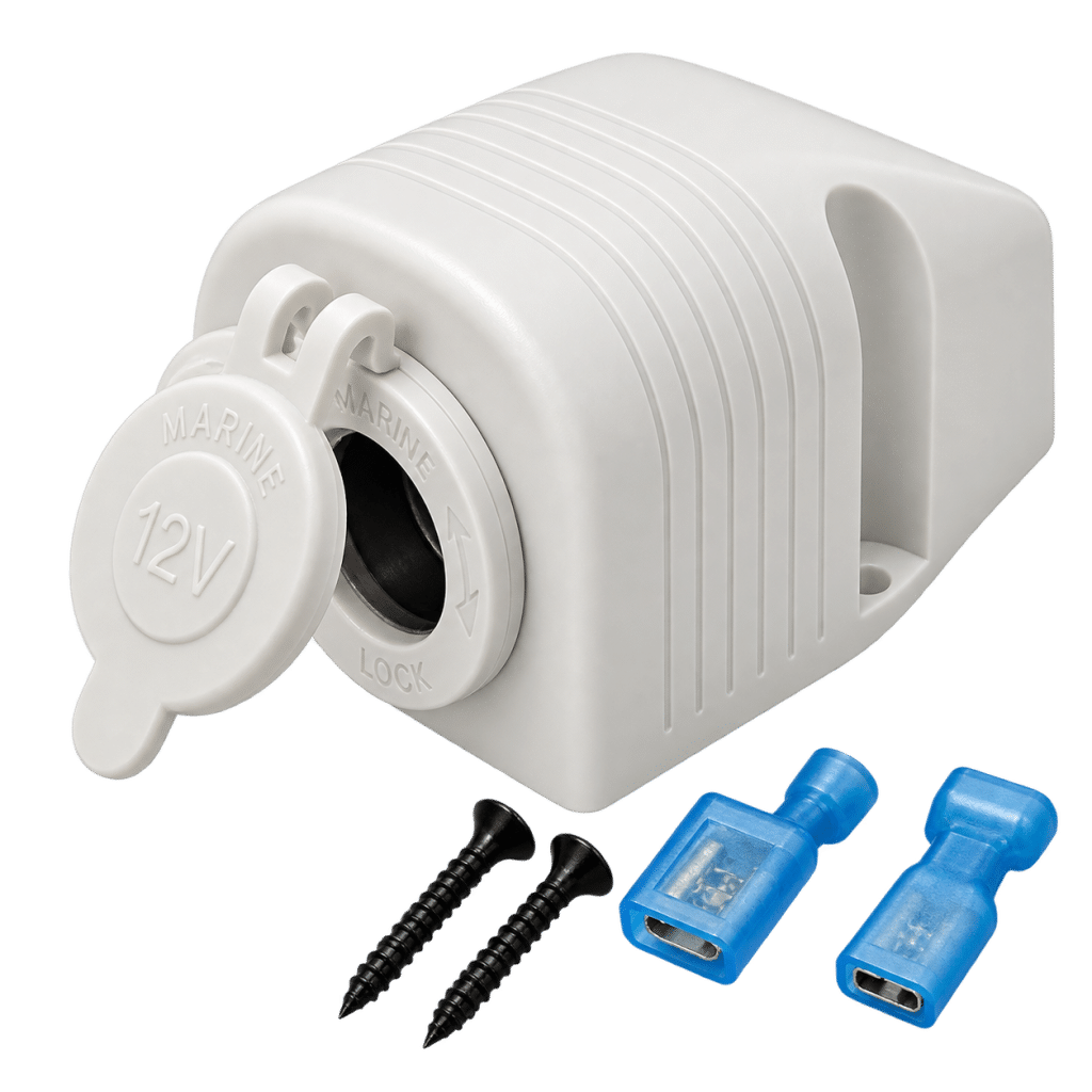 White 12V marine power socket with open cap, screws and connectors