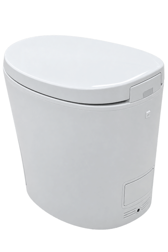 Side view of white waterless toilet