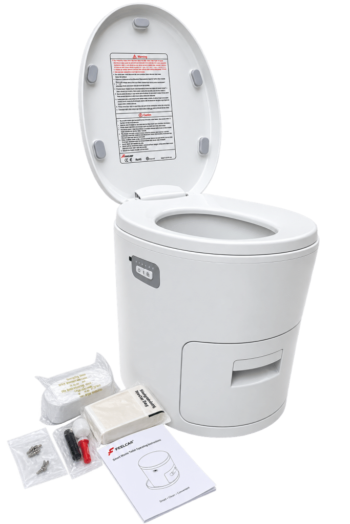 White waterless toilet with installation accessories