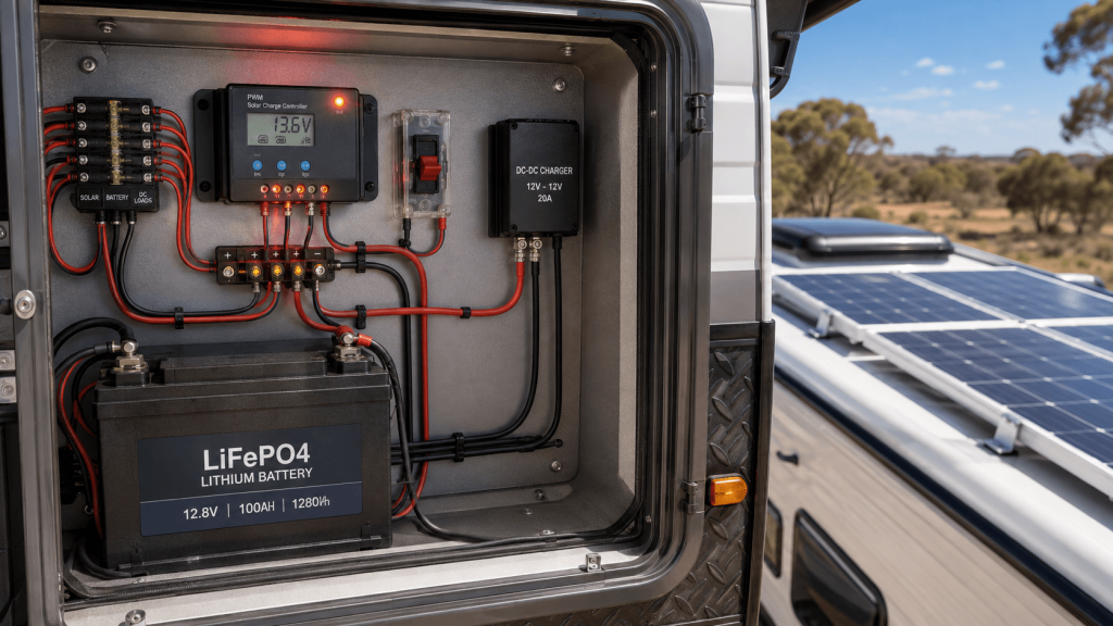 Monocrystalline solar panels mounted on an Australian caravan roof with cables leading to the charge controller inside