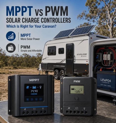 MPPT and PWM solar charge controllers beside a caravan solar panel